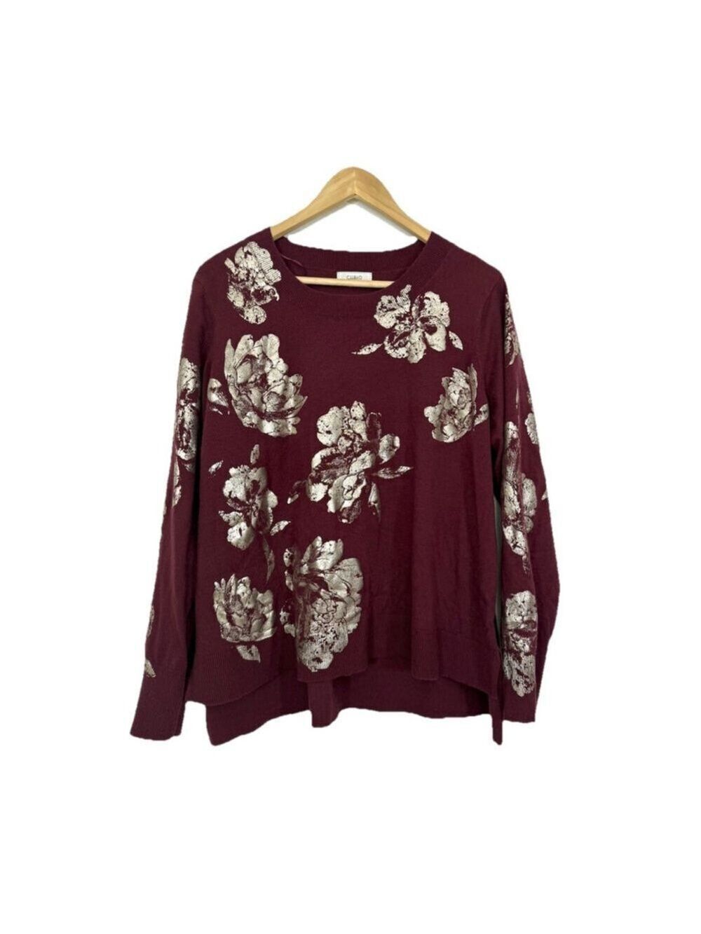 Cupid Metallic Floral Sweater Plus Sz 2X Burgundy Red Gold Holiday Fall Autumn
